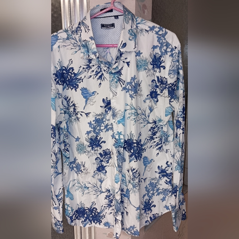 Portabella New York Cotton Mens XL Shirt Hummingbirds, Florals Blue White